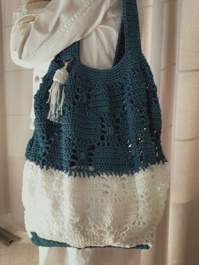 Handmade oversized Teal Crochet Tassel Tote